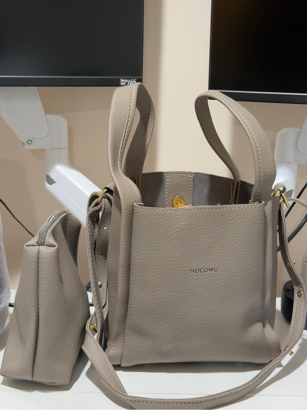 Pebble Leather Shoulder Bag in Taupe